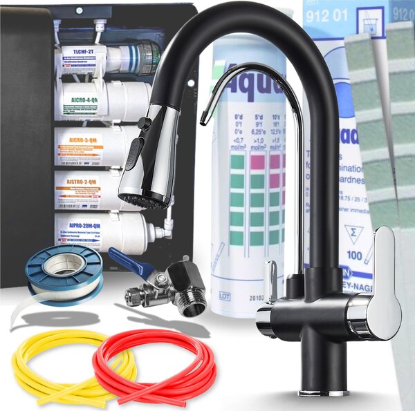 Bateria kuchenna Ari Nordic 3-funkcyjna, czarna z chromowanymi elementami, z wysuwanym wylewem i 5-stopniowym systemem filtracji wody, z filtrem do wody pitnej montowanym pod blatem