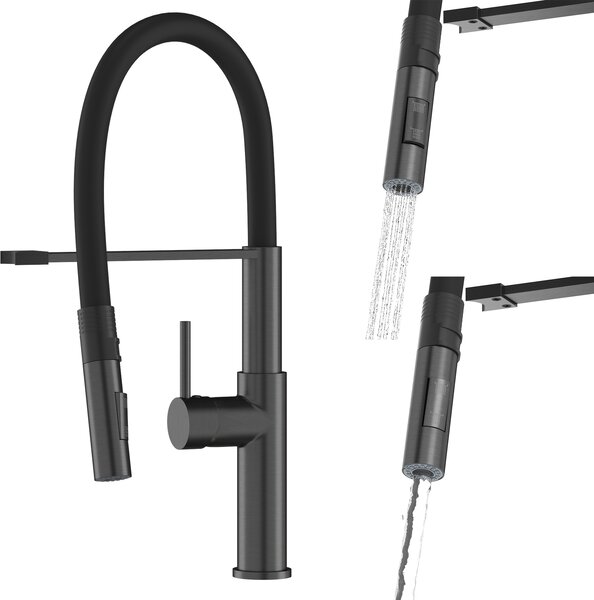 Granitan | Bateria kuchenna Soria – czarna – wysoko 470 mm – elastyczna wylewka – wysuwana wylewka