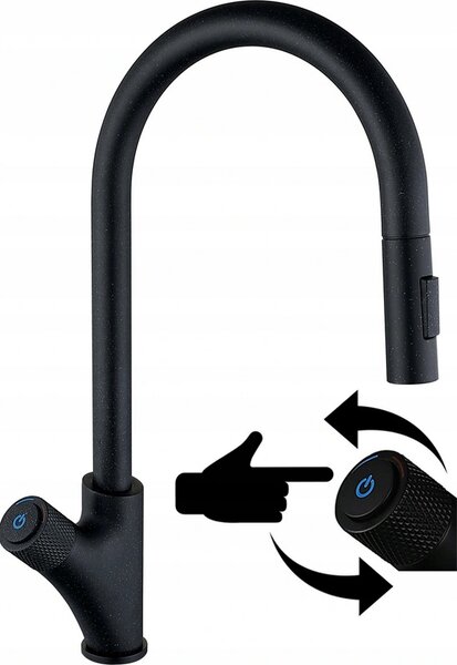 Granitan | Bateria kuchenna z systemem Press Pull-out – czarna – obracana o 360° – wysuwana wylewka – mosidz
