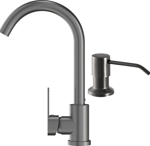 Granitan | Bateria kuchenna Prestige – kolor Gun Grey – wysoko 325 mm – obrót o 360° – dozownik myda