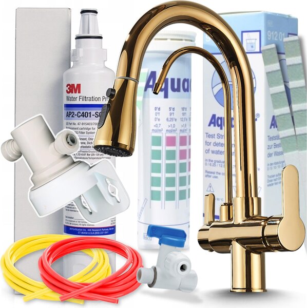 Bateria kuchenna Ari Nordic 3-funkcyjna, zota, z wysuwanym wylewem, z filtrem do wody pitnej 3M AP2-C405-SG – podblatowy system filtracji wody