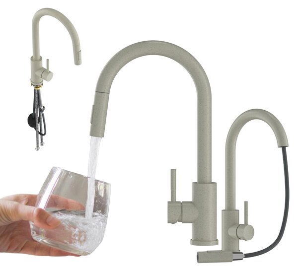 Granitan | LOSETO – bateria kuchenna – wysuwana wylewka – 2 rodzaje strumienia – beowa – stal nierdzewna – gowica ceramiczna