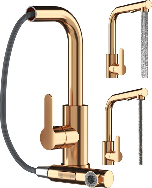 Granitan | EBRO – bateria kuchenna – wysuwana wylewka – obrót o 360° – zota – stal nierdzewna – gowica ceramiczna