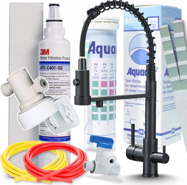 Bateria kuchenna Ari Solid Spring 3-drogowa, czarna matowa, z filtrem do wody pitnej 3M AP2-C405-SG – podblatowy system filtrowania wody