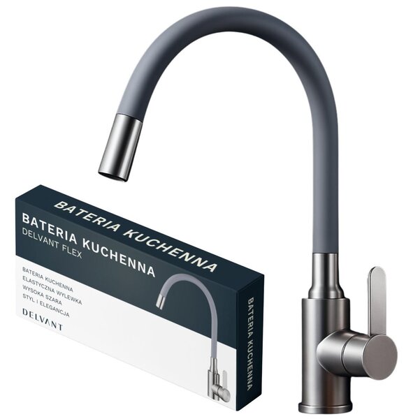 DELVANT FLEX Bateria kuchenna z elastyczn wylewk, 360° obrotowa bateria zlewozmywakowa, nablatowa, stojca, jednouchwytowa bateria do zlewu, szara