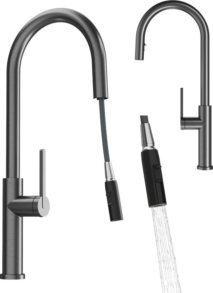 Granitan | Bateria kuchenna Prati – Gun Grey – cakowita wysoko 53 cm – wysuwana wylewka – bateria dwufunkcyjna
