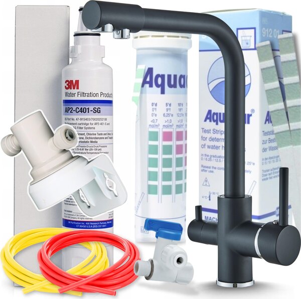 Bateria kuchenna Ari 3-drogowa, czarna chromowana, z filtrem do wody pitnej 3M AP2-C405-SG – podblatowy system filtrowania wody do kuchni
