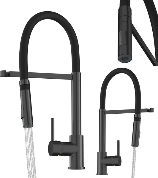 Granitan | Bateria kuchenna – elastyczna wylewka – czarna – obracana o 360° – wysuwana – kolor metaliczny Gun Grey