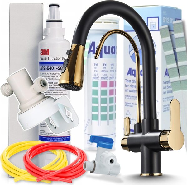 Bateria kuchenna Ari Nordic 3-funkcyjna, czarna ze zotymi wykoczeniami, z wysuwanym wylewem, z filtrem do wody pitnej 3M AP2-C405-SG – podblatowy system filtracji wody