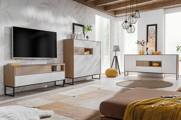 Komoda Bliwon 149 cm z szufladami - jodełka scandi / biały mat