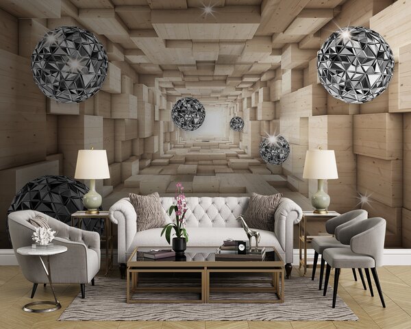 Fototapeta Pokój z drewnianymi i srebrnymi kulami, Fototapety 3d, Popularne Fototapety, u93711 - Tapeko.pl