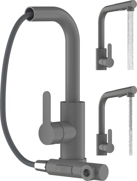 Granitan | EBRO – bateria kuchenna – wysuwana wylewka – obrót o 360° – szara – stal nierdzewna – gowica ceramiczna