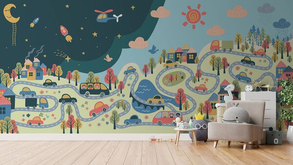 Fototapeta Karykatura samochodów i domów, Fototapety Dziecięce, Popularne Fototapety, u93830 - Tapeko.pl