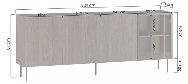 Komoda Dunari 220 cm czterodrzwiowa z szufladami - dąb sławonia - Wyprzedaż ekspozycji