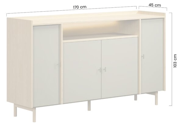 Komoda czterodrzwiowa z wnęką Sumira 170 cm - eukaliptus / dąb baltic dune / stelaż metalowy - Wyprzedaż ekspozycji