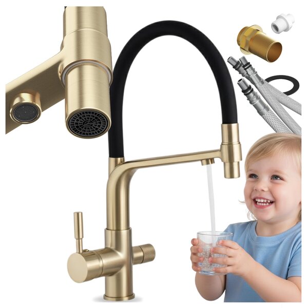 Granitan | Bateria kuchenna Malta – zota – cakowita wysoko 410 mm – obrót o 360° – bateria z filtrem wody
