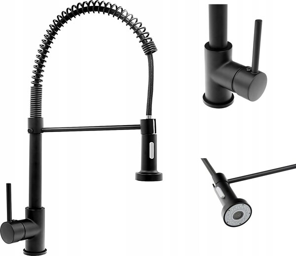 Granitan | FLEX – bateria kuchenna – wysuwana wylewka – 2 rodzaje strumienia – czarna – mosina – gowica ceramiczna