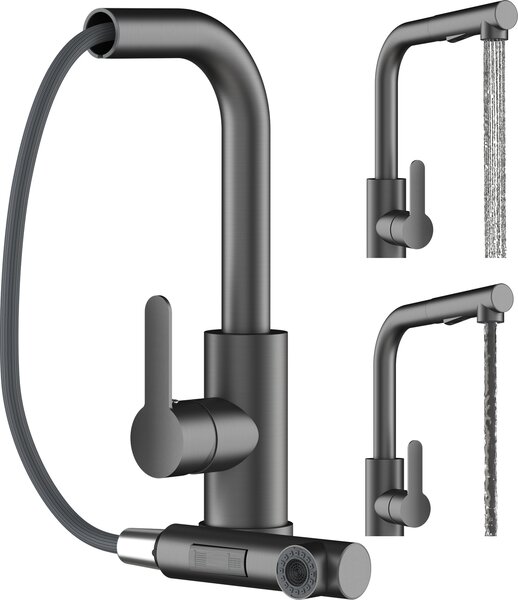 Granitan | EBRO – bateria kuchenna – wysuwana wylewka – obrót o 360° – czarna – stal nierdzewna – gowica ceramiczna