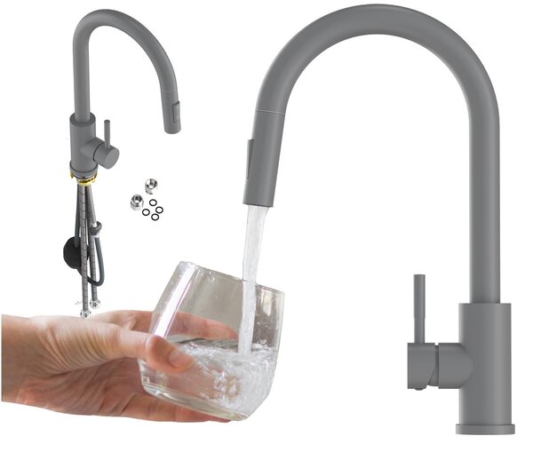 Granitan | LOSETO – bateria kuchenna – wysuwana wylewka – 2 rodzaje strumienia – szara – stal nierdzewna – gowica ceramiczna