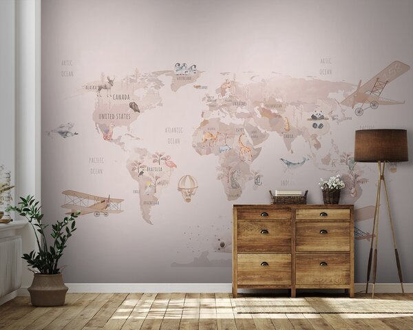 Fototapeta Mapa świata z samolotami i niedźwiedziami polarnymi, Fototapety Dziecięce, Popularne Fototapety, u93908 - Tapeko.pl