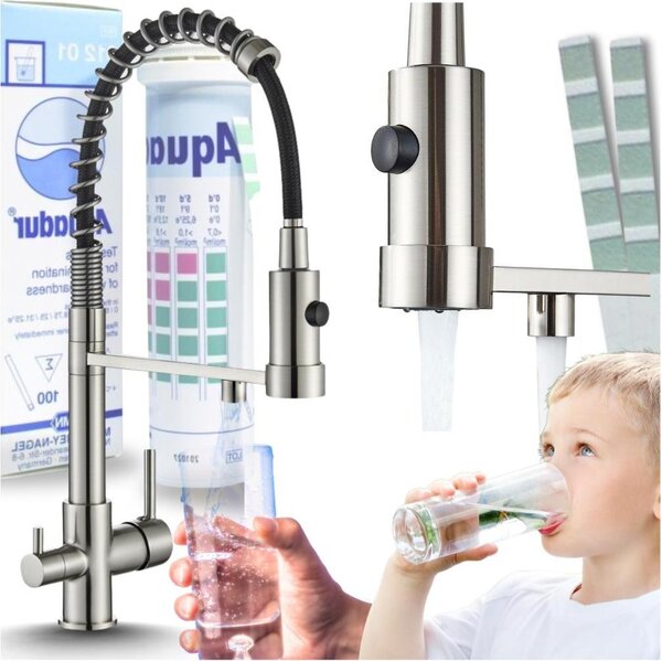 Bateria kuchenna trójdrona Ari Solid Spring z filtrem wody, wycigan wylewk, obrotowa 360, inox, mosiny korpus