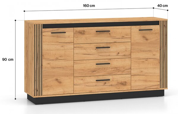 Komoda z szufladami Clawi 06 - 160 cm - dąb craft złoty / czarny