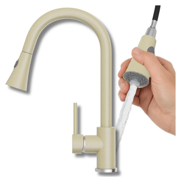Granitan | Bateria kuchenna Snake Beige – cakowita wysoko 40 cm – wysuwana wylewka – obrót o 360° – nowoczesna bateria kuchenna