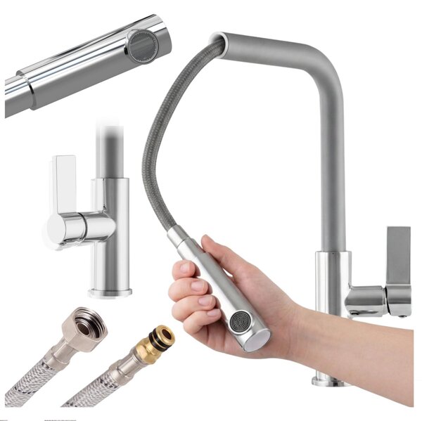 Granitan | LINEA – bateria kuchenna – wysuwana wylewka – szara – gowica ceramiczna