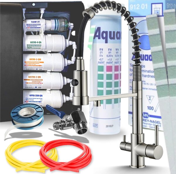 Bateria kuchenna trójdrona Ari Solid Spring INOX, z filtrem wody, elastyczna wylewka 360, mosiny korpus