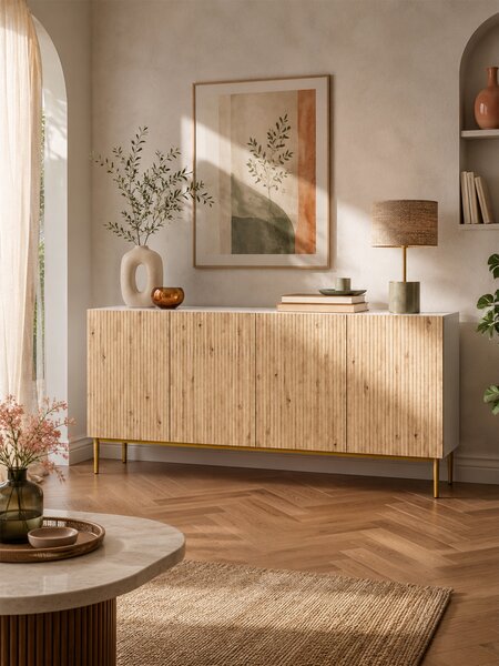 Komoda Nicole 200 cm czterodrzwiowa - biały / dąb artisan / złote nóżki