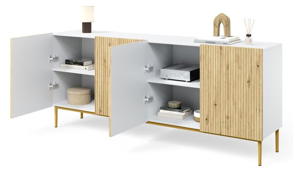 Komoda Nicole 200 cm czterodrzwiowa - biały / dąb artisan / złote nóżki