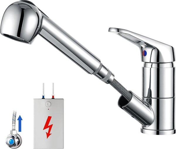 Niskocinieniowa bateria kuchenna Auralum z natryskiem, obrotowa 360° i wycigana, chromowana