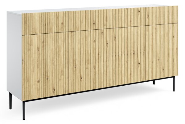 Komoda czterodrzwiowa Nicole 200 cm z szufladami - biały / dąb artisan / czarne nóżki