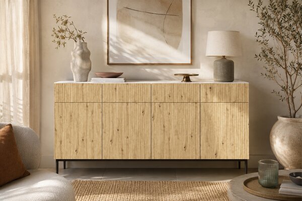 Komoda Nicole 200 cm czterodrzwiowa - biały / dąb artisan / czarne nóżki