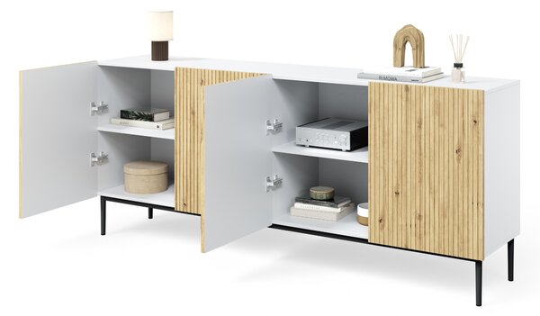 Komoda Nicole 200 cm czterodrzwiowa - biały / dąb artisan / czarne nóżki