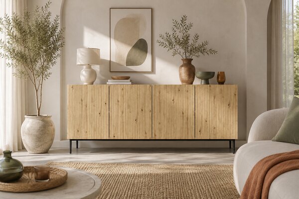 Komoda Nicole 200 cm czterodrzwiowa - biały / dąb artisan / czarne nóżki