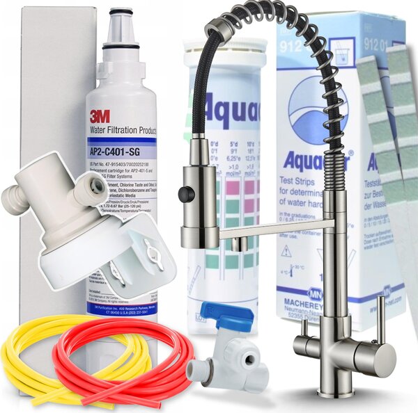 Bateria kuchenna trójdrona Ari Solid Spring z filtrem wody, elastyczna wylewka 360 stopni, inox, mosiny korpus