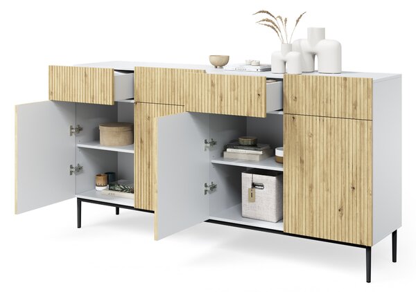 Komoda czterodrzwiowa Nicole 200 cm z szufladami - biały / dąb artisan / czarne nóżki
