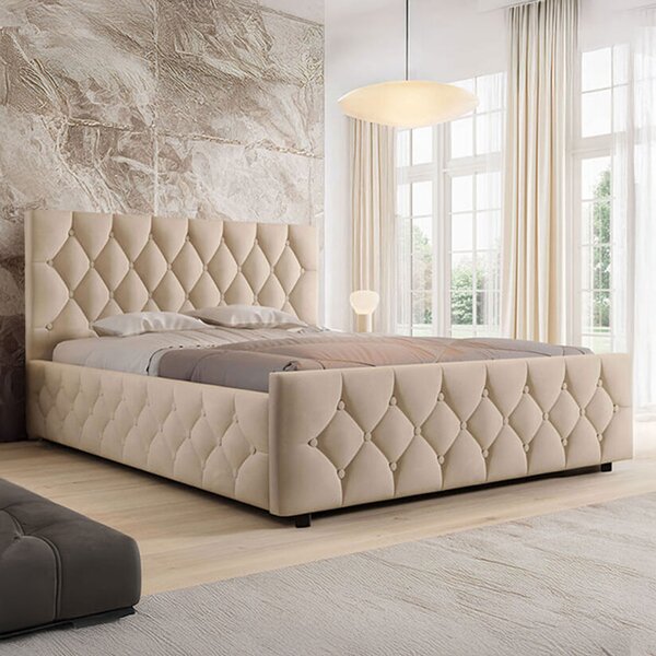 MebleMWM Łóżko tapicerowane z pojemnikiem SFG0172 | 160x200 | Welur | Beż #3 | OUTLET