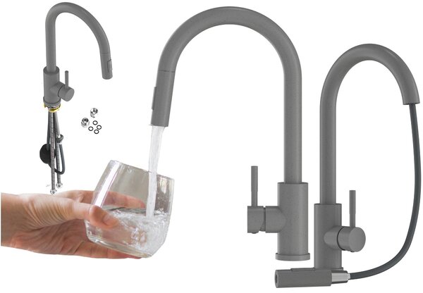 Granitan | LOSETO – bateria kuchenna – wysuwana wylewka – 2 rodzaje strumienia – szara – stal nierdzewna – gowica ceramiczna