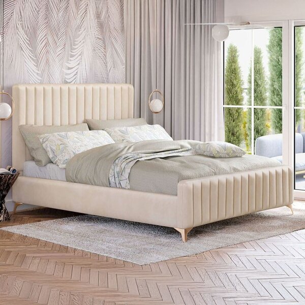 MebleMWM Łóżko tapicerowane BELANIA (SF1023P) w stylu Glamour | 160x200 | Welur | Beżowy