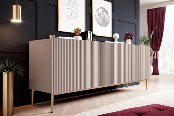 Komoda Nicole 200 cm czterodrzwiowa z ryflowanym frontem - antyczny róż / złote nóżki - Limitowana oferta