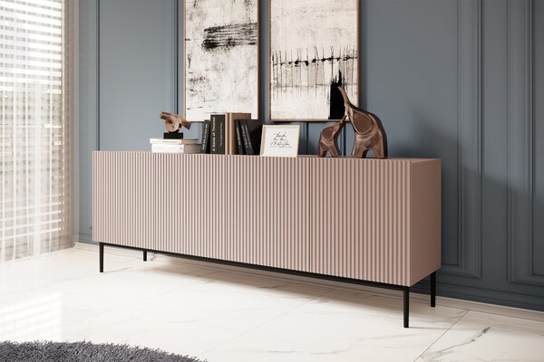 Komoda Nicole 200 cm czterodrzwiowa z ryflowanym frontem - antyczny róż / czarne nóżki - Limitowana oferta