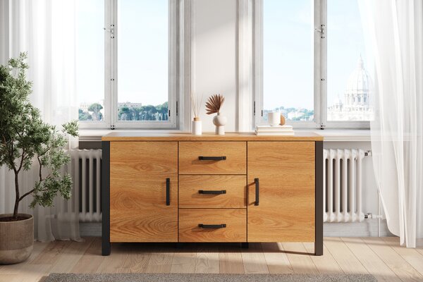 Komoda Olin 26 150 cm z szufladami - dąb karmelowy / czarny supermat - Oferta Limitowana