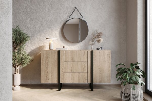 Komoda Verica 150 cm dwudrzwiowa z szufladami - dąb biszkoptowy / czarne nóżki
