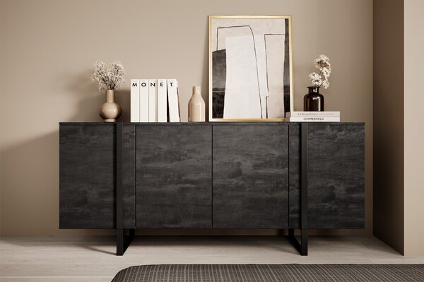Komoda Verica 200 cm czterodrzwiowa - czarny beton / czarne nóżki