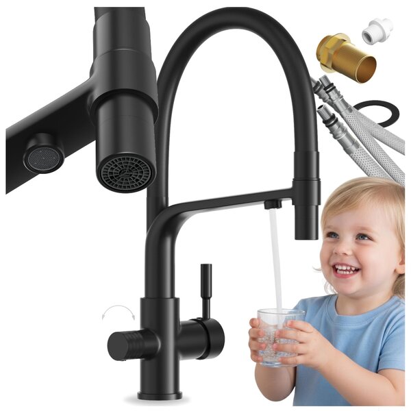 Granitan | Bateria kuchenna Malta – czarna – cakowita wysoko 410 mm – obrót o 360° – bateria z filtrem wody