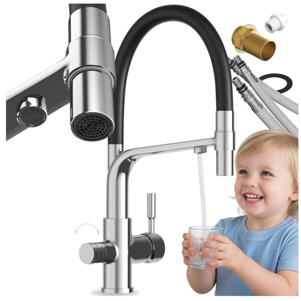Granitan | Bateria kuchenna Malta – srebrna – cakowita wysoko 410 mm – obrót o 360° – bateria z filtrem wody