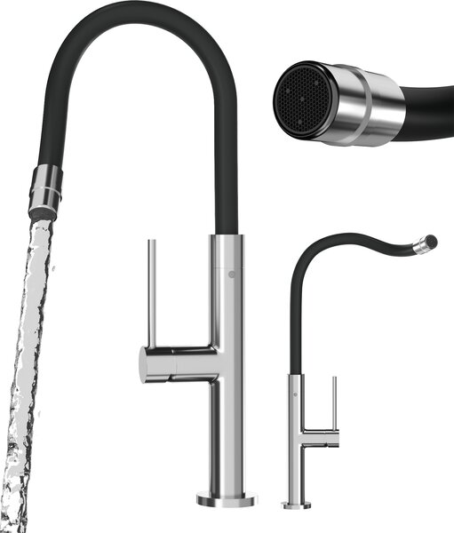 Granitan | Bateria kuchenna Oti – srebrna – regulowana wysoko 38–48 cm – elastyczny wylew – standardowy otwór montaowy 35 mm