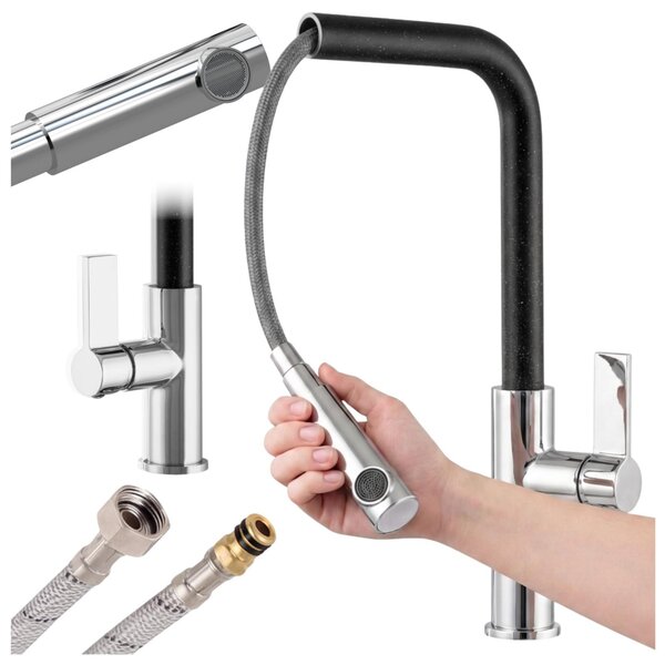 Granitan | LINEA – bateria kuchenna – wysuwana wylewka – czarna nakrapiana – gowica ceramiczna